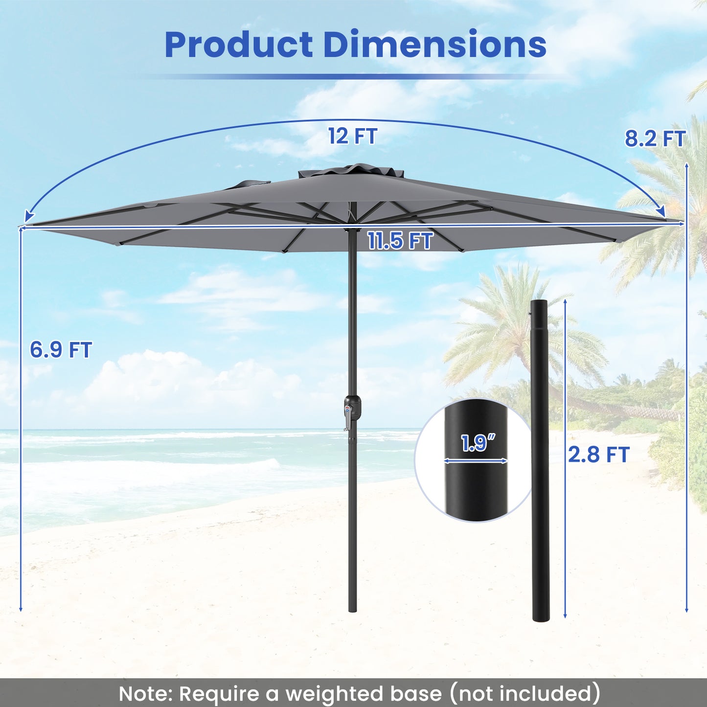 12 Feet Patio Umbrella, Crank Handle, 8 Ribs, Gray Outdoor Umbrellas at Gallery Canada