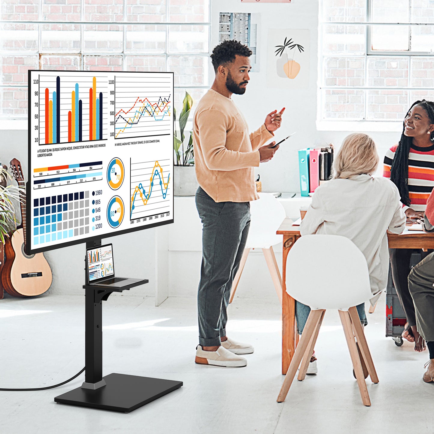 Tilt and Height Adjustable Floor TV Stand with Power Outlet and Adjustable AV Shelf Entertainment Centers & TV Stands at Gallery Canada