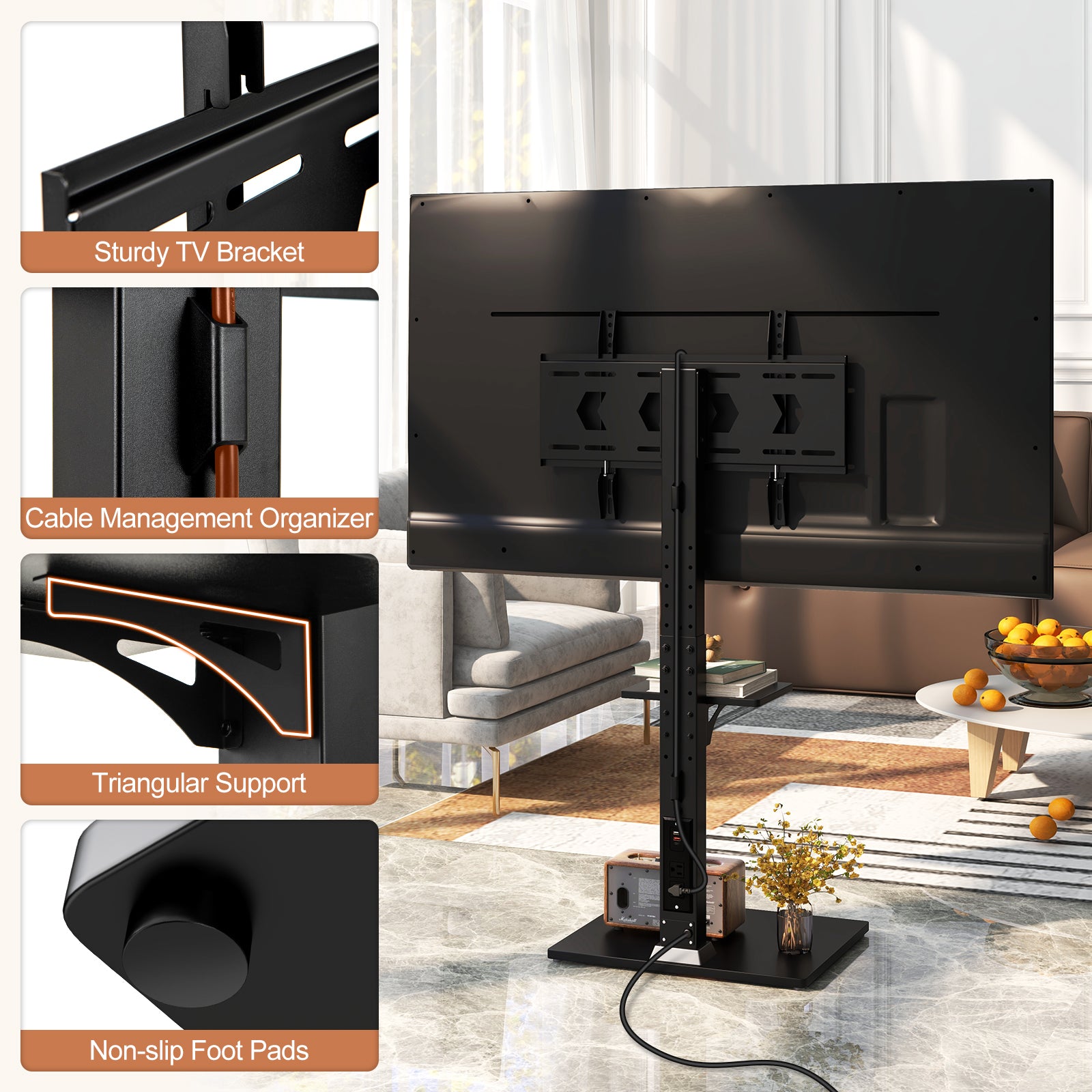 Tilt and Height Adjustable Floor TV Stand with Power Outlet and Adjustable AV Shelf Entertainment Centers & TV Stands at Gallery Canada