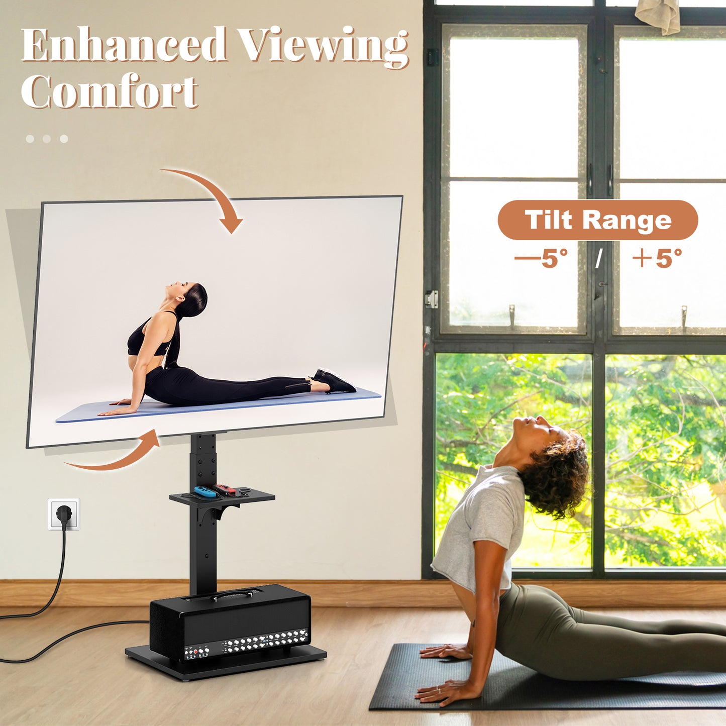 Tilt and Height Adjustable Floor TV Stand with Power Outlet and Adjustable AV Shelf Entertainment Centers & TV Stands at Gallery Canada