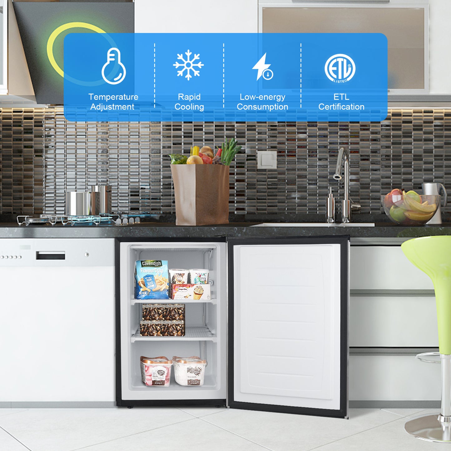 3 Cubic Feet Compact Upright Freezer with Stainless Steel Door, Black & White Refrigerators at Gallery Canada