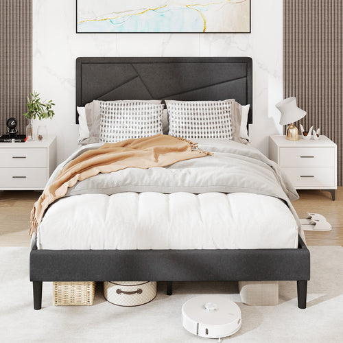 Twin/Full/Queen Size Upholstered Platform Bed Frame with High Headboard-Full Size, Gray