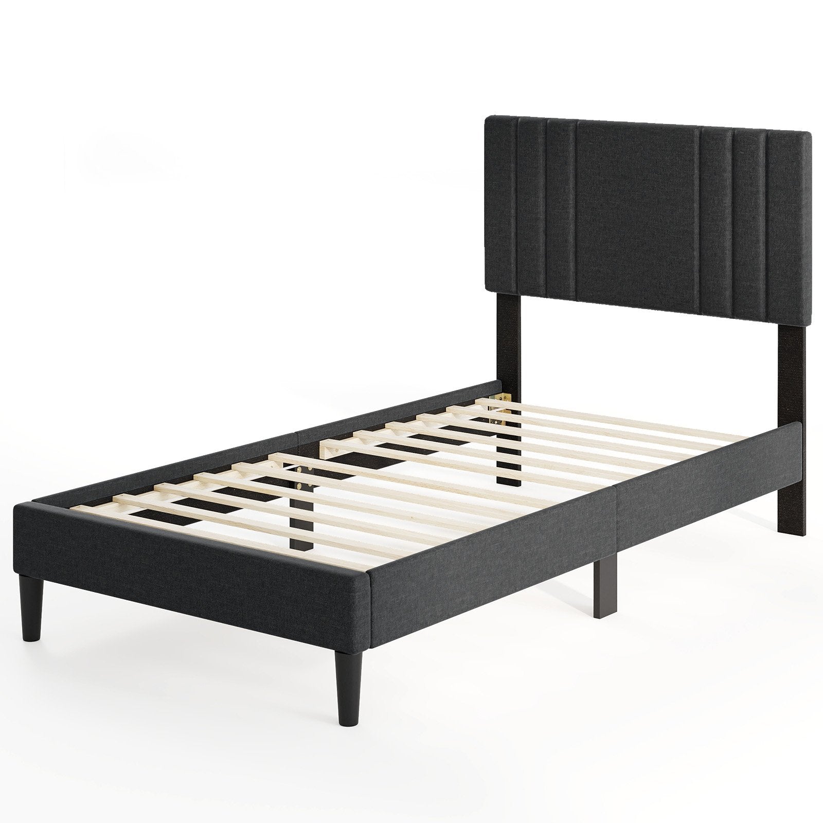 Full/Queen/Twin Size Bed Frame with Vertical Channel Tufted Headboard and Wooden Slats-Twin Size, Gray Simple Bed Frame at Gallery Canada