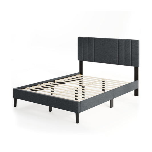 Full/Queen/Twin Size Bed Frame with Vertical Channel Tufted Headboard and Wooden Slats-Full Size, Gray Simple Bed Frame Gray at Gallery Canada