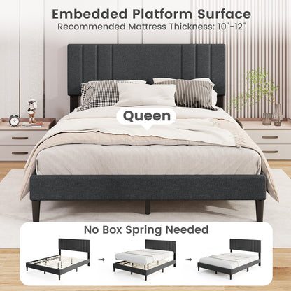 Full/Queen/Twin Size Bed Frame with Vertical Channel Tufted Headboard and Wooden Slats-Queen Size, Gray Simple Bed Frame at Gallery Canada