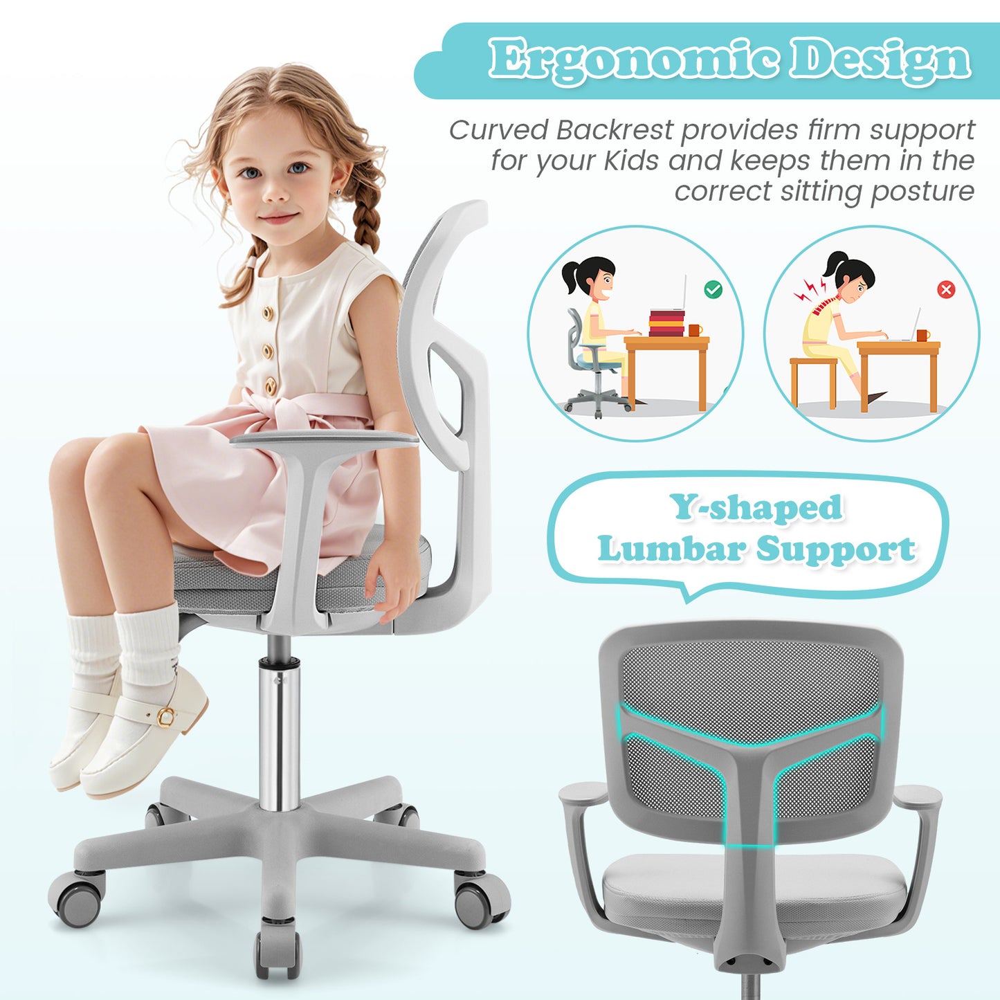 Adjustable Desk Chair with 5 Rolling Casters for Kids, Gray Kids Chairs & Seating at Gallery Canada