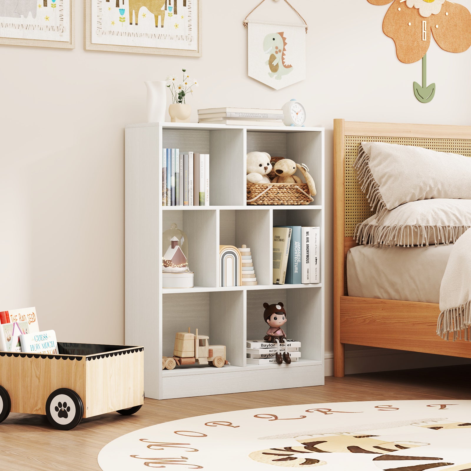 7-Section Freestanding Bookshelf for Kids Room Classroom Daycare Nursery, White Kids Storage at Gallery Canada