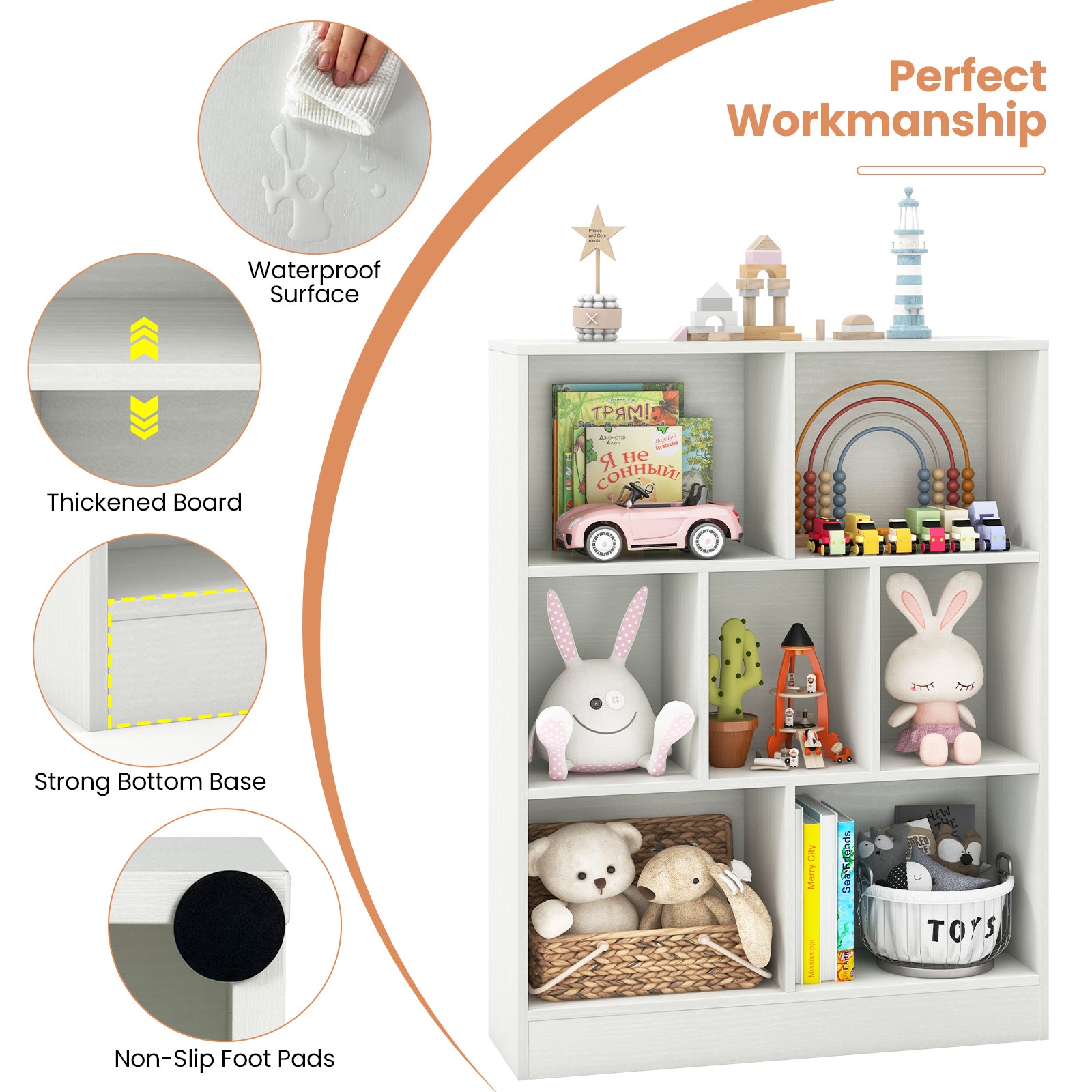 7-Section Freestanding Bookshelf for Kids Room Classroom Daycare Nursery, White Kids Storage at Gallery Canada