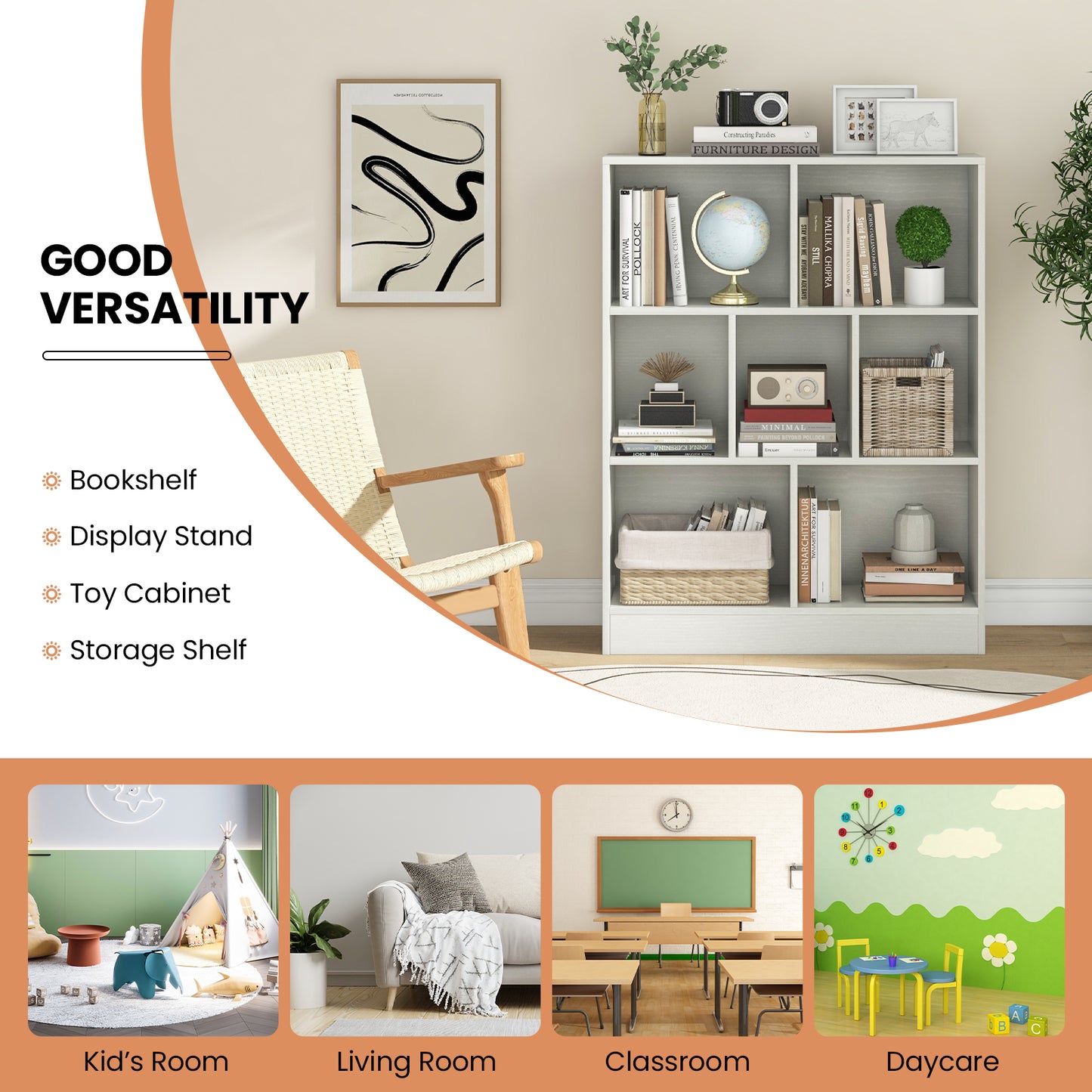 7-Section Freestanding Bookshelf for Kids Room Classroom Daycare Nursery, White Kids Storage at Gallery Canada