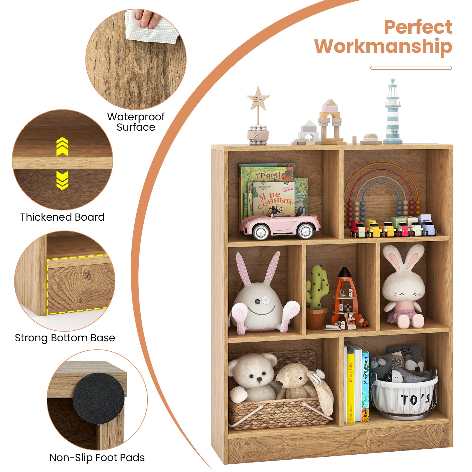 7-Section Freestanding Bookshelf for Kids Room Classroom Daycare Nursery, Natural Kids Storage at Gallery Canada