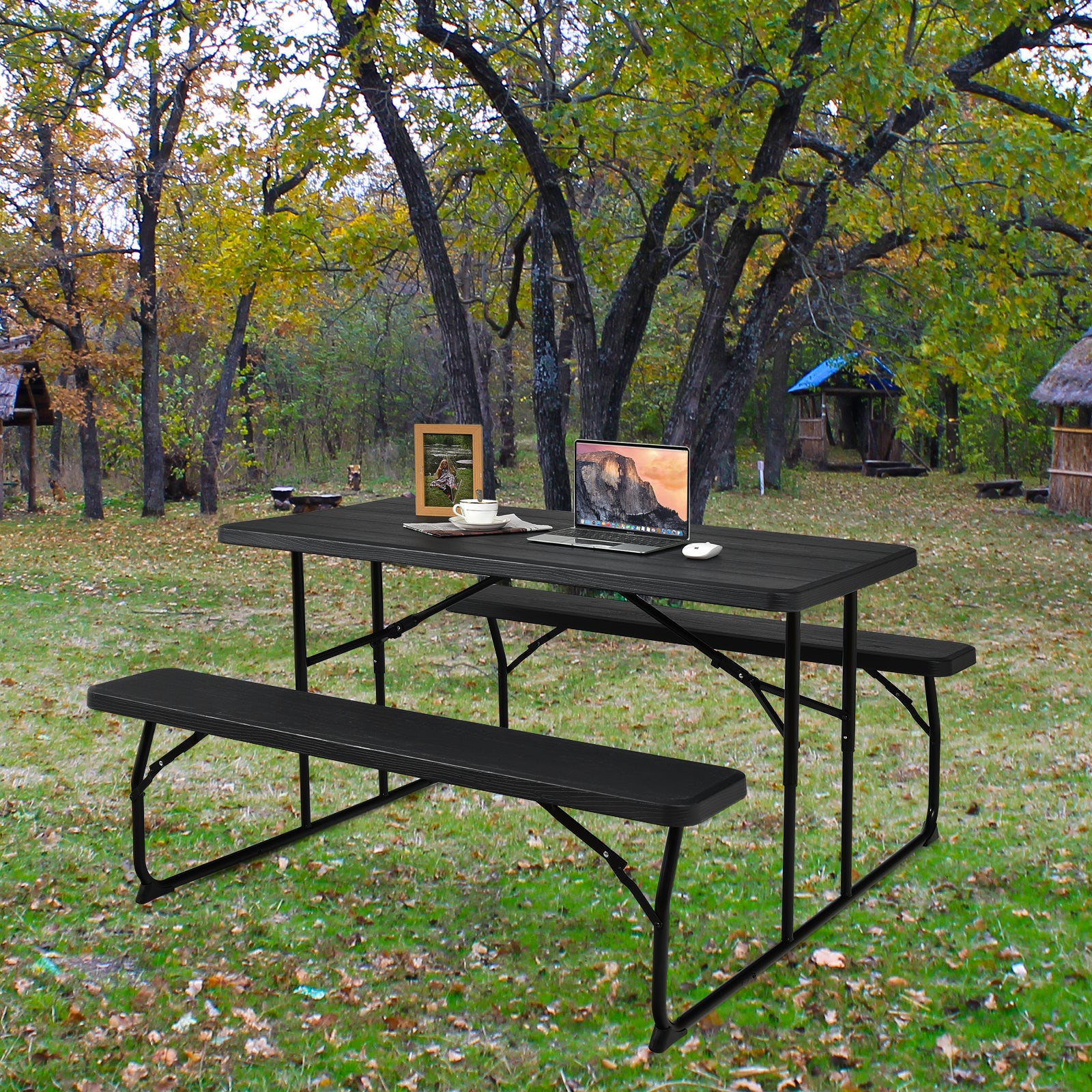 Indoor and Outdoor Folding Picnic Table Bench Set with Wood-like Texture, Black Picnic Tables at Gallery Canada