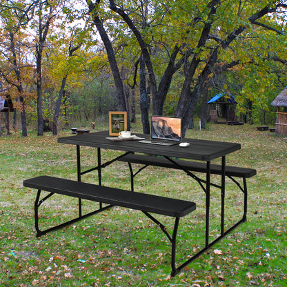 Indoor and Outdoor Folding Picnic Table Bench Set with Wood-like Texture, Black Picnic Tables at Gallery Canada