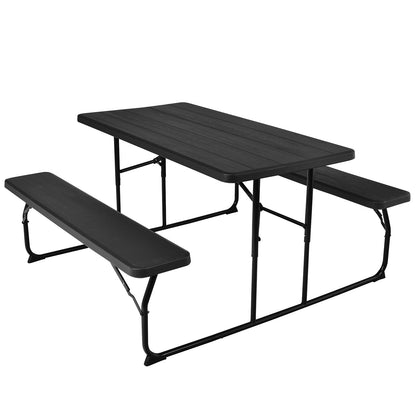Ensemble de Table et Bancs de Pique-nique Pliants, Texture Bois, Noir