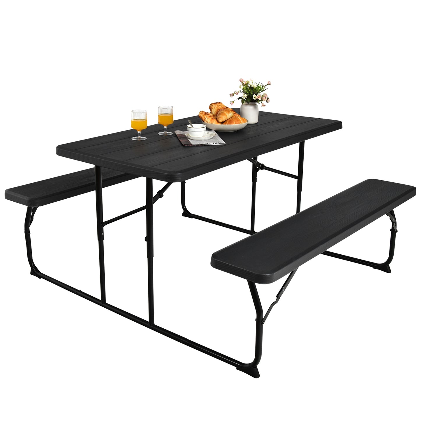 Indoor and Outdoor Folding Picnic Table Bench Set with Wood-like Texture, Black Picnic Tables at Gallery Canada
