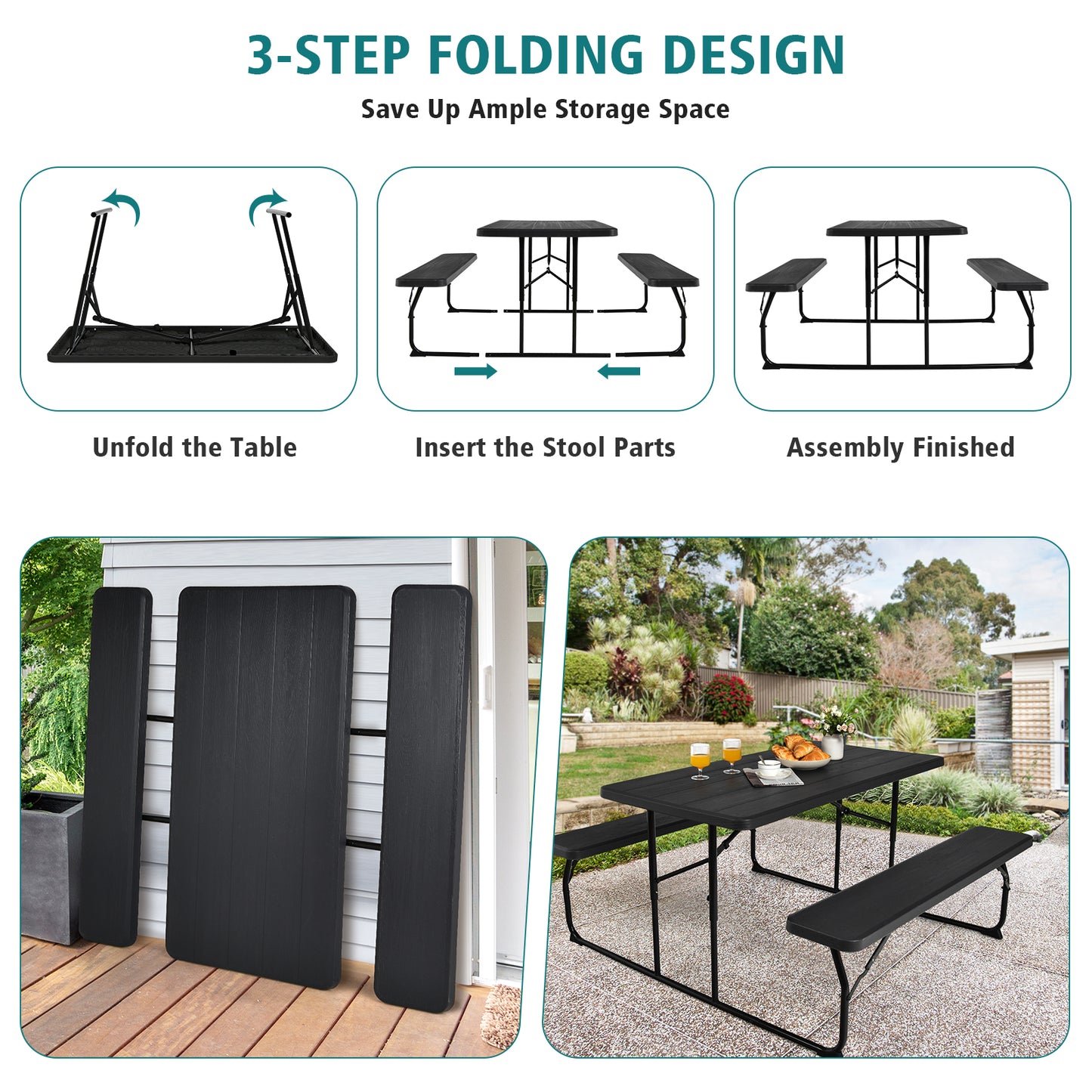 Indoor and Outdoor Folding Picnic Table Bench Set with Wood-like Texture, Black Picnic Tables at Gallery Canada
