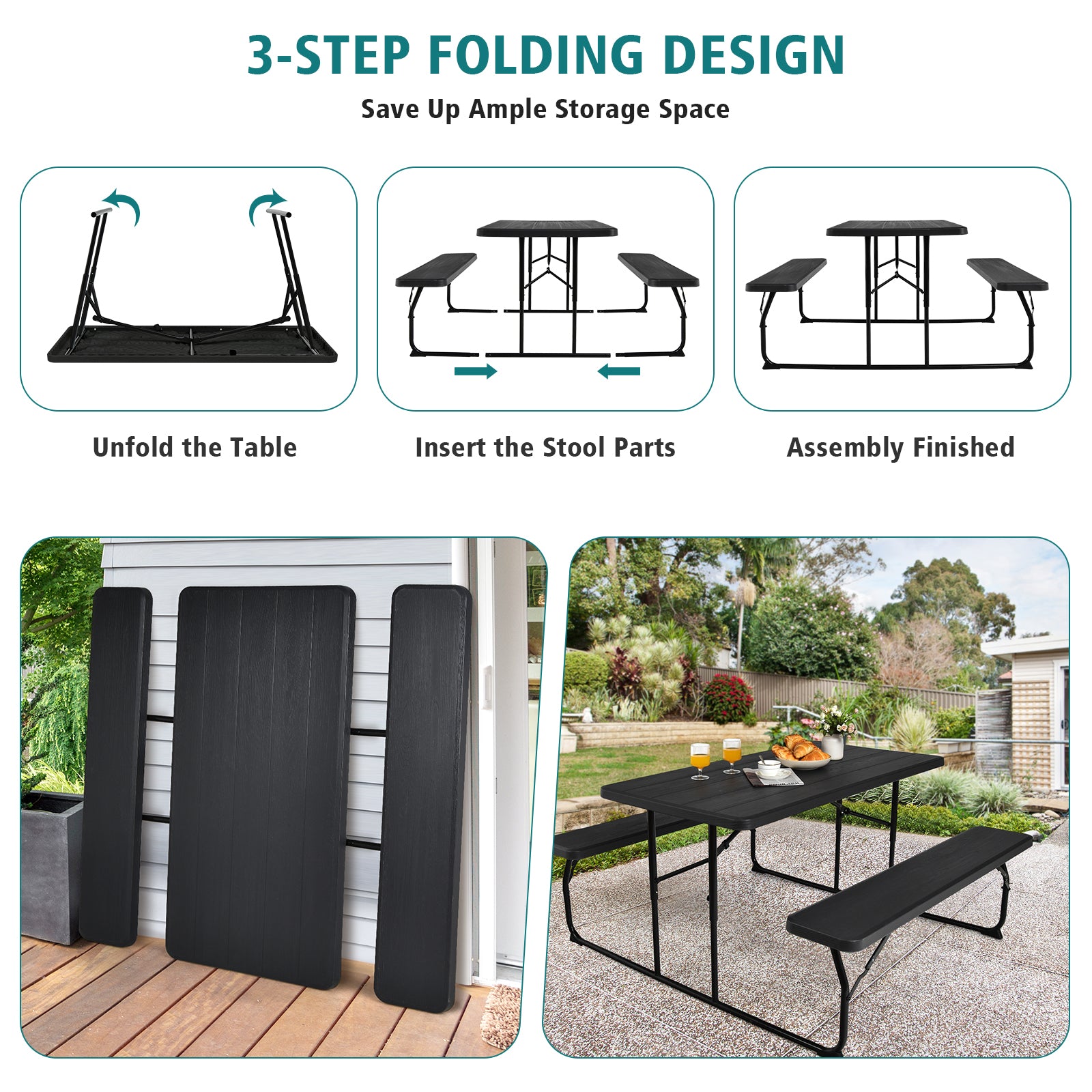 Indoor and Outdoor Folding Picnic Table Bench Set with Wood-like Texture, Black Picnic Tables at Gallery Canada