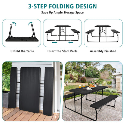 Indoor and Outdoor Folding Picnic Table Bench Set with Wood-like Texture, Black Picnic Tables at Gallery Canada