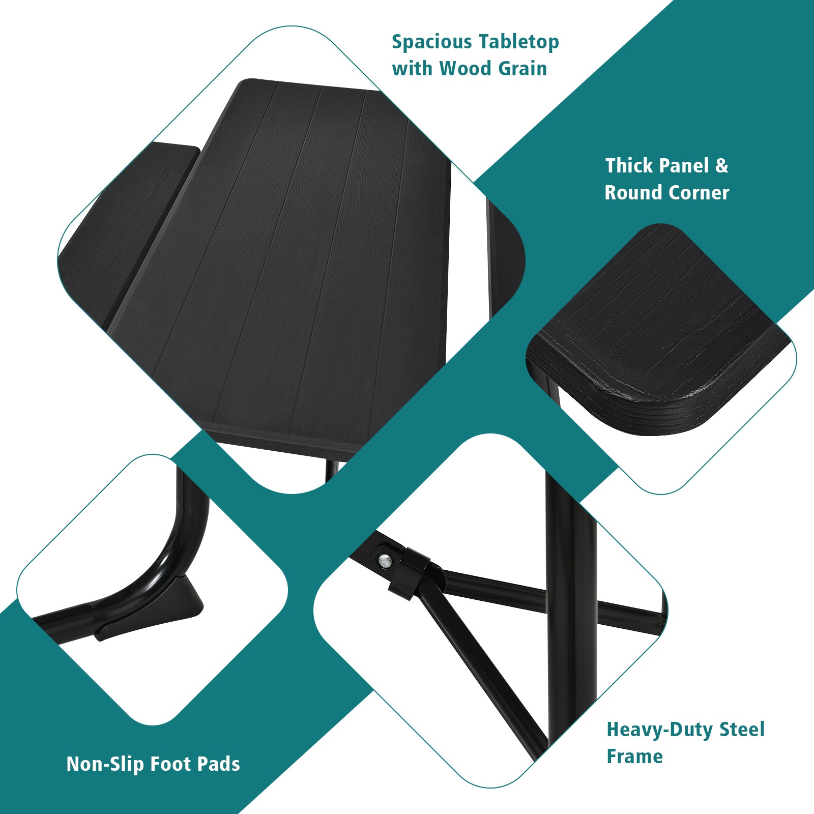 Indoor and Outdoor Folding Picnic Table Bench Set with Wood-like Texture, Black Picnic Tables at Gallery Canada