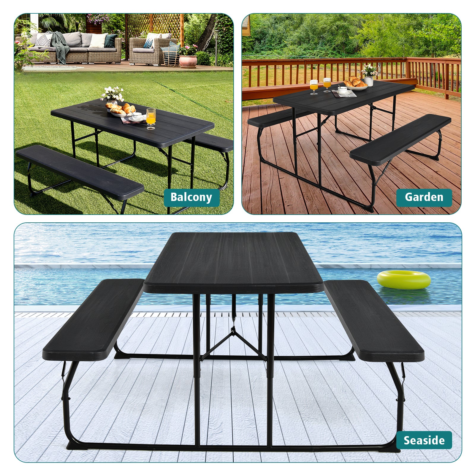 Indoor and Outdoor Folding Picnic Table Bench Set with Wood-like Texture, Black Picnic Tables at Gallery Canada