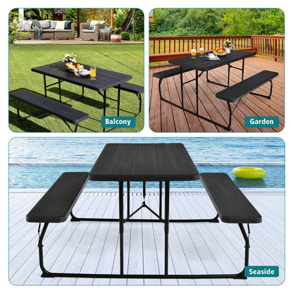 Indoor and Outdoor Folding Picnic Table Bench Set with Wood-like Texture, Black Picnic Tables at Gallery Canada