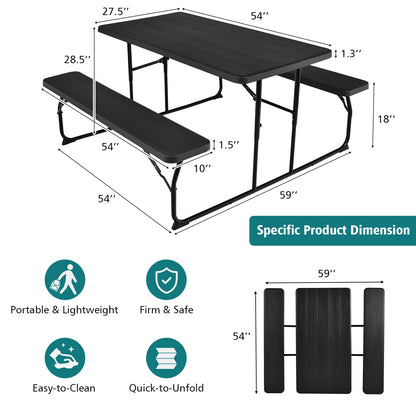 Indoor and Outdoor Folding Picnic Table Bench Set with Wood-like Texture, Black Picnic Tables at Gallery Canada