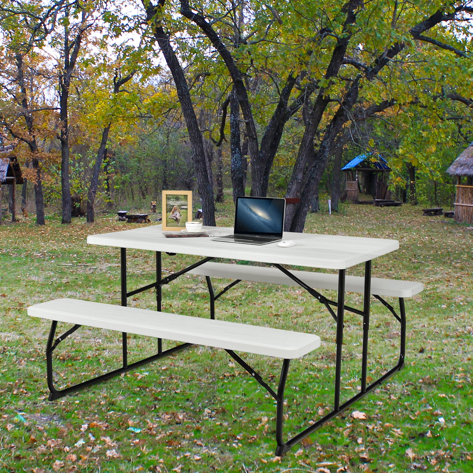 Indoor and Outdoor Folding Picnic Table Bench Set with Wood-like Texture, White Picnic Tables at Gallery Canada