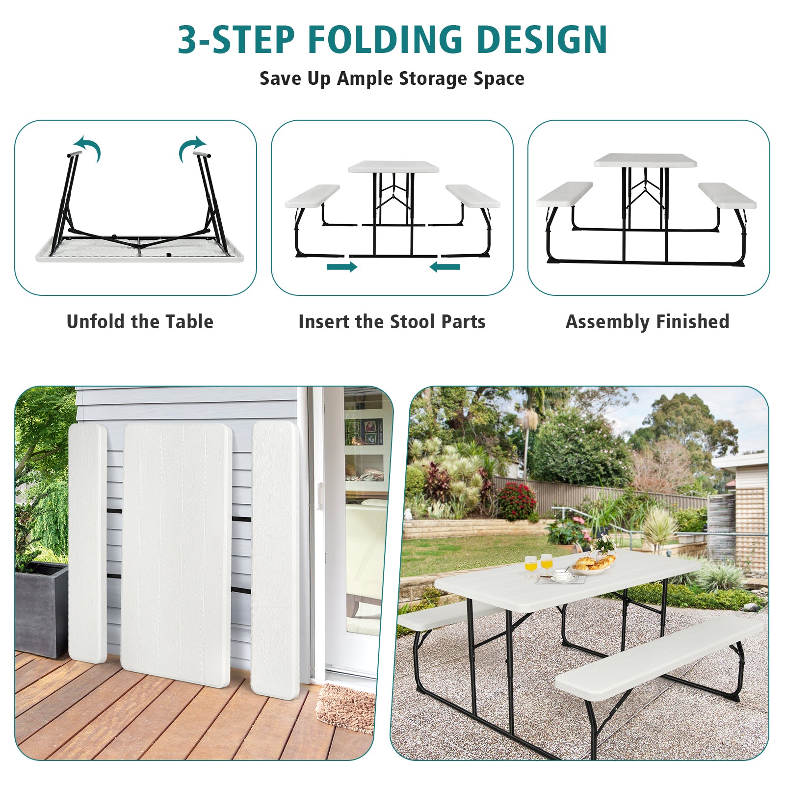 Indoor and Outdoor Folding Picnic Table Bench Set with Wood-like Texture, White Picnic Tables at Gallery Canada