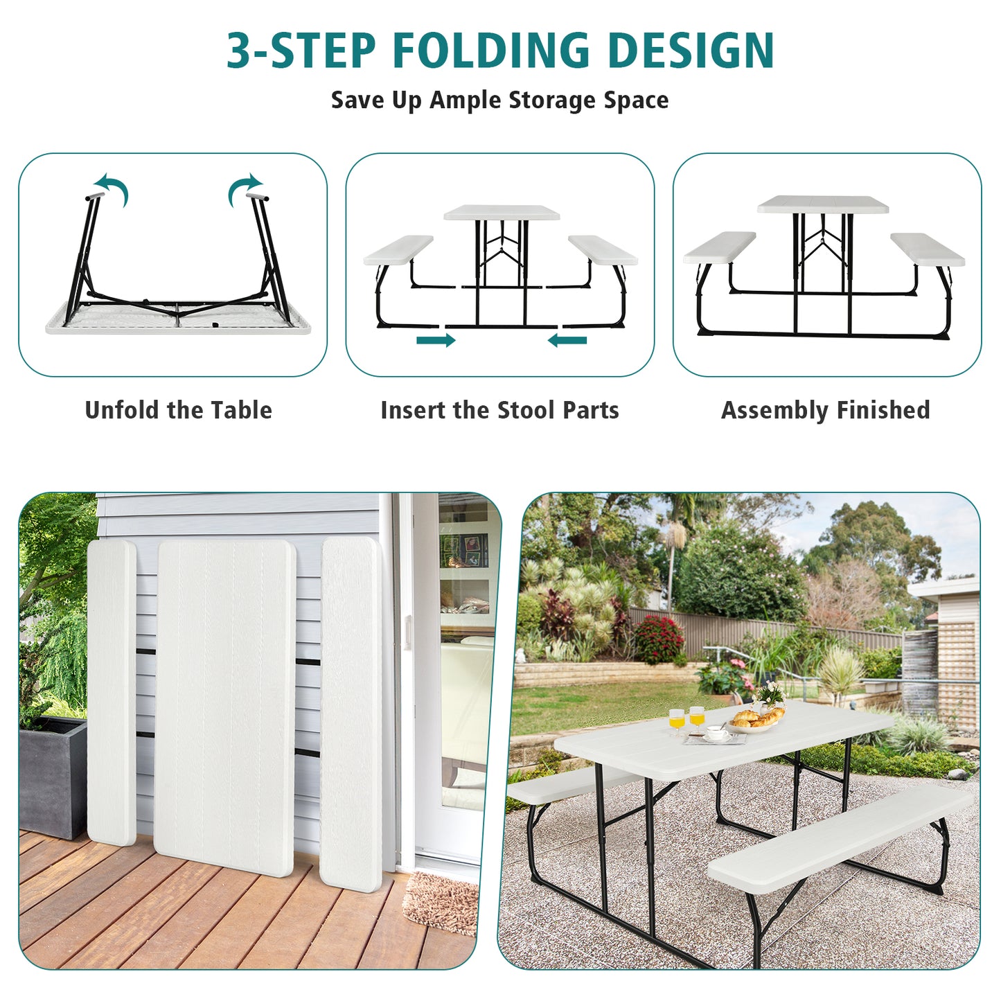 Indoor and Outdoor Folding Picnic Table Bench Set with Wood-like Texture, White Picnic Tables at Gallery Canada