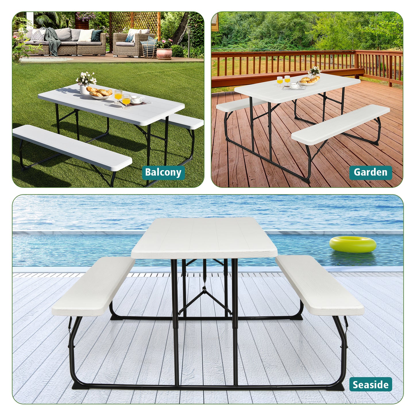 Indoor and Outdoor Folding Picnic Table Bench Set with Wood-like Texture, White Picnic Tables at Gallery Canada