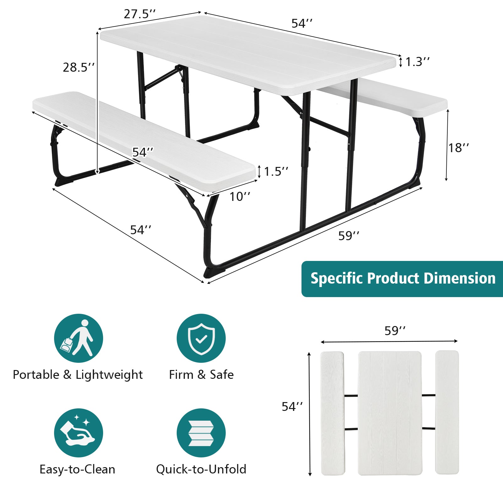 Indoor and Outdoor Folding Picnic Table Bench Set with Wood-like Texture, White Picnic Tables at Gallery Canada