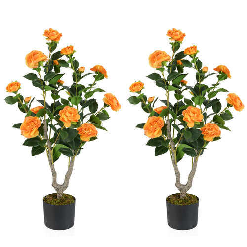 Artificial Camellia Tree, 36 Inch, Blooming Flower, 2 Pack, Orange
