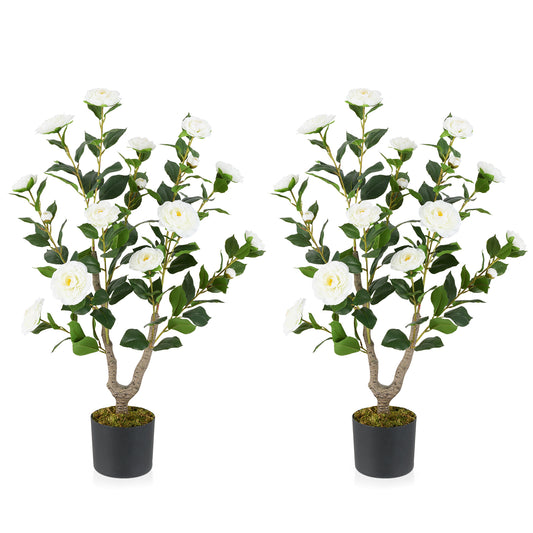 36 Inch Artificial Camellia Tree, 2 Pack, White