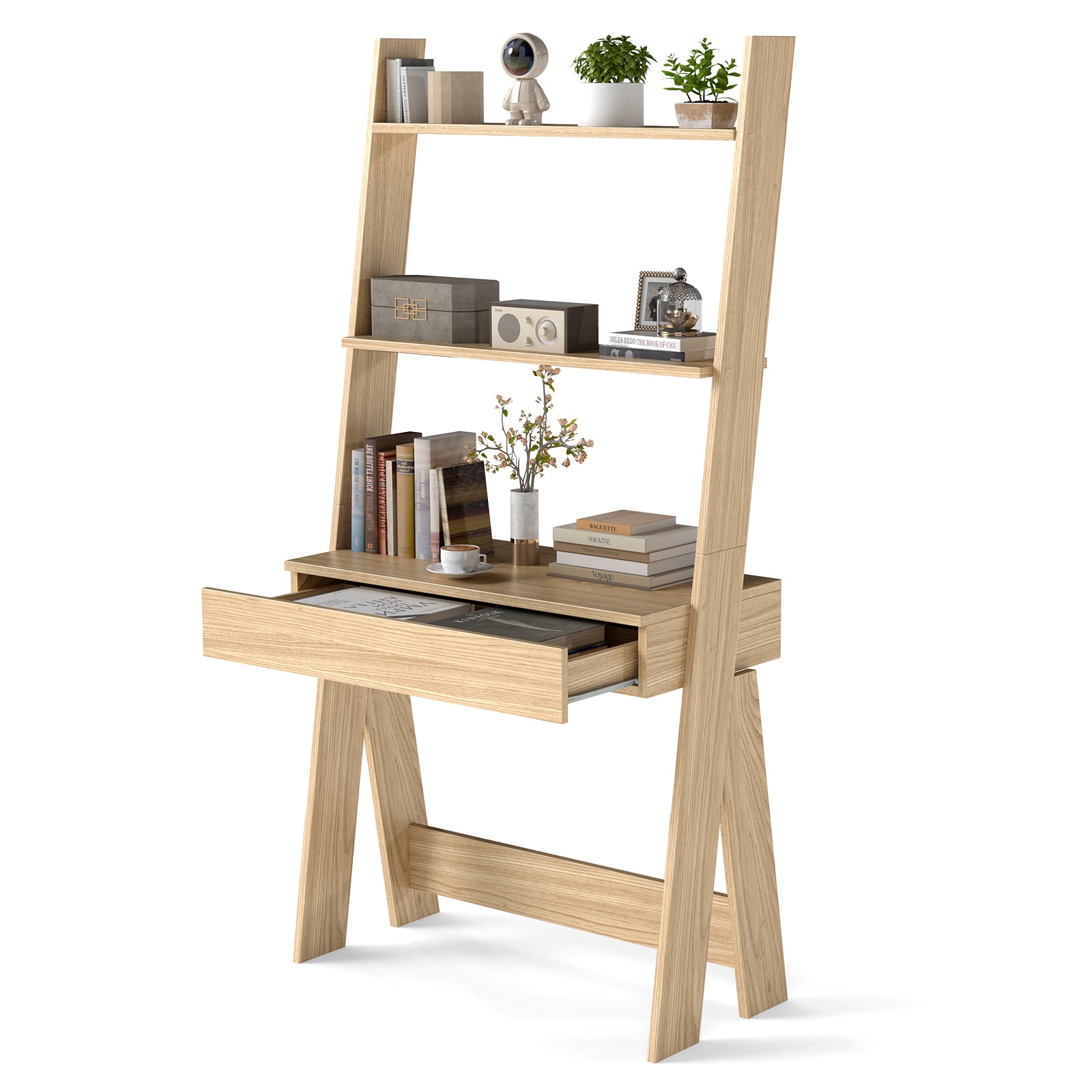 Ladder Shelf Desk, Bookcase With Countertop, Drawer, 2 Shelves, Natural Bookcases at Gallery Canada