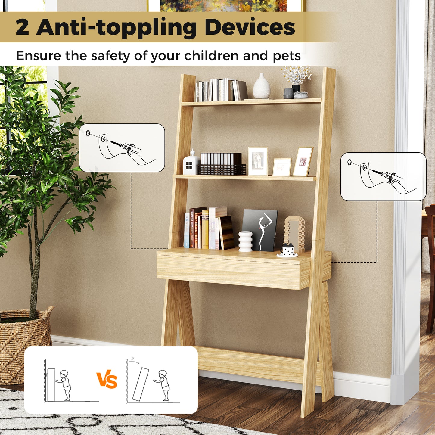 Ladder Shelf Desk, Bookcase With Countertop, Drawer, 2 Shelves, Natural Bookcases at Gallery Canada