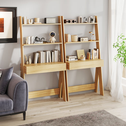 Ladder Shelf Desk, Bookcase With Countertop, Drawer, 2 Shelves, Natural