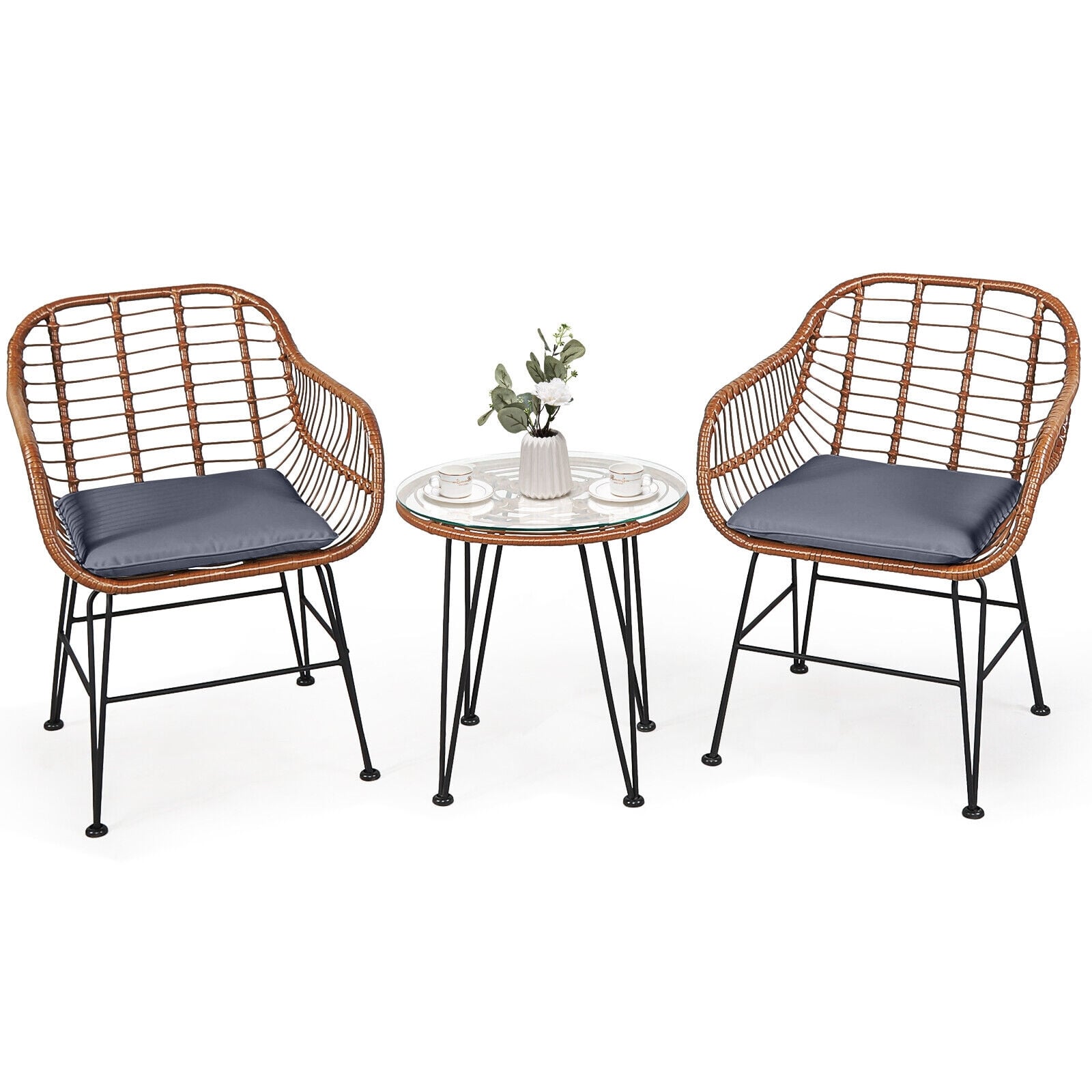 3 Piece Patio Rattan Bistro Set With Cushion, Gray Patio Conversation Sets Gray at Gallery Canada