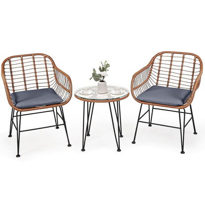 3 Piece Patio Rattan Bistro Set With Cushion, Gray Patio Conversation Sets Gray at Gallery Canada