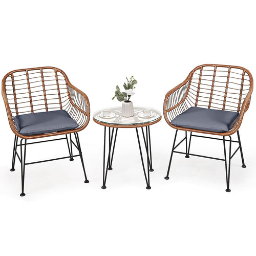 3 Piece Patio Rattan Bistro Set With Cushion, Gray