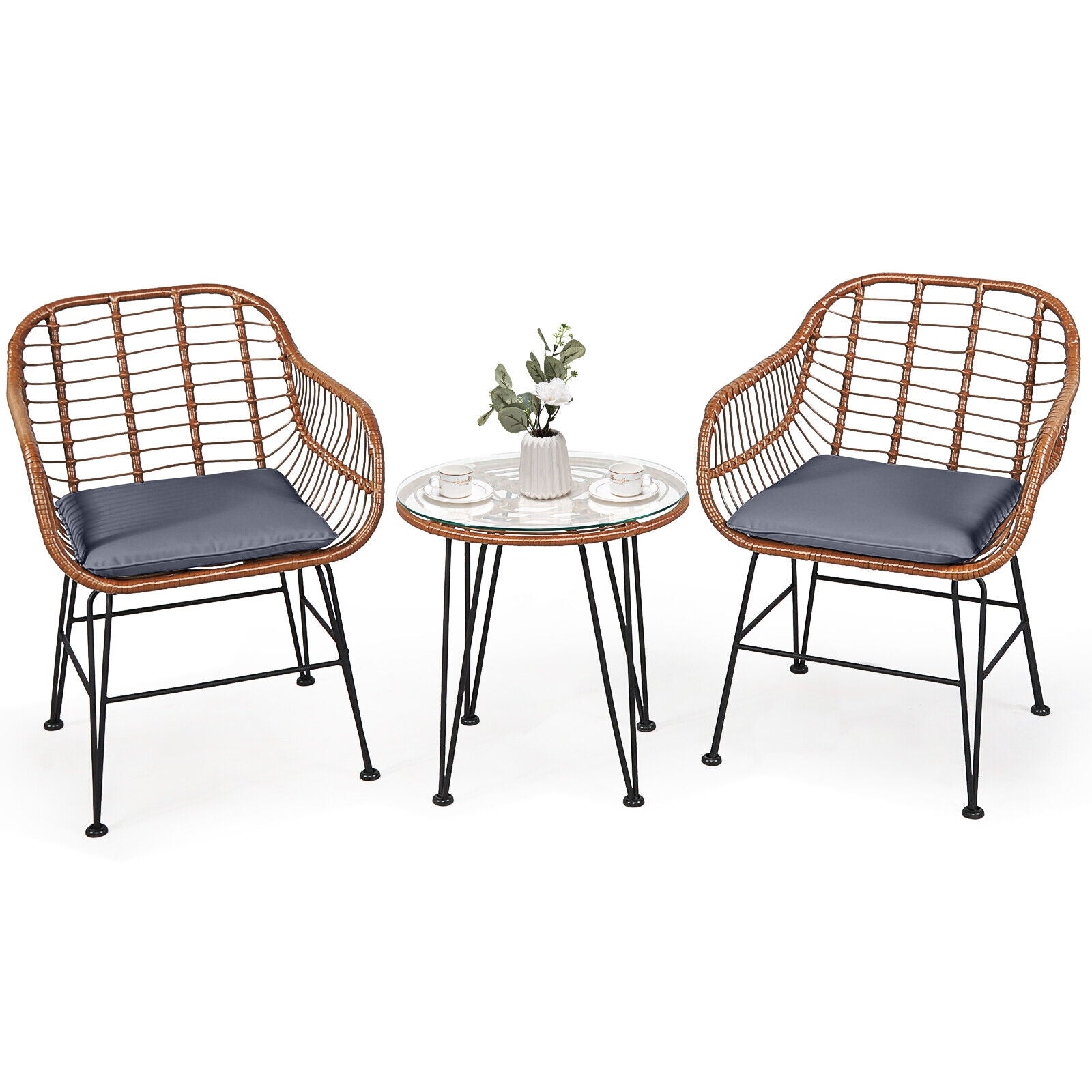 3 Pieces Patio Rattan Bistro Set with Cushion, Gray Patio Conversation Sets at Gallery Canada