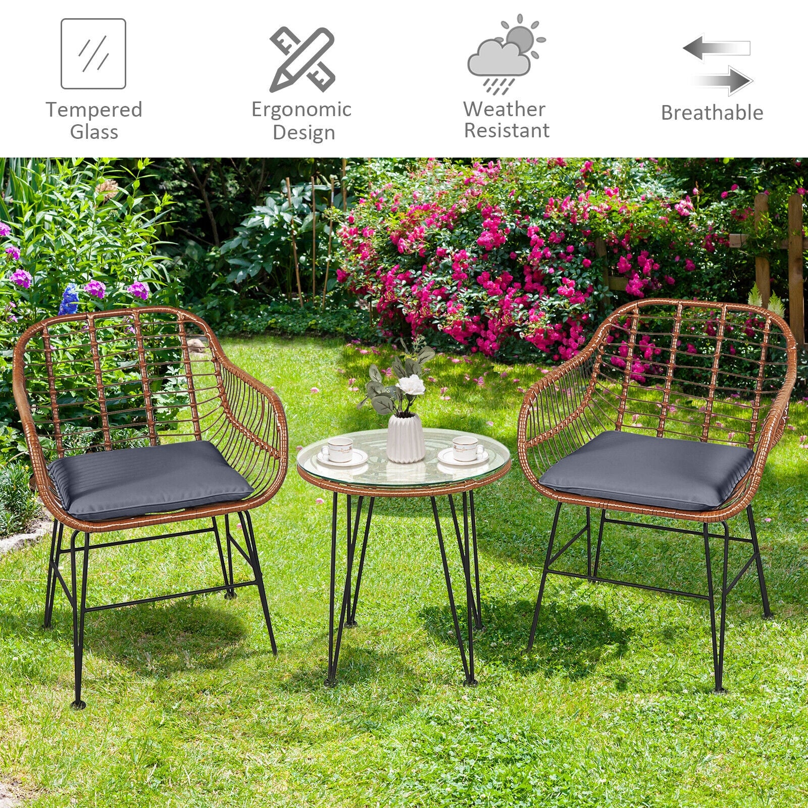 3 Pieces Patio Rattan Bistro Set with Cushion, Gray Patio Conversation Sets at Gallery Canada