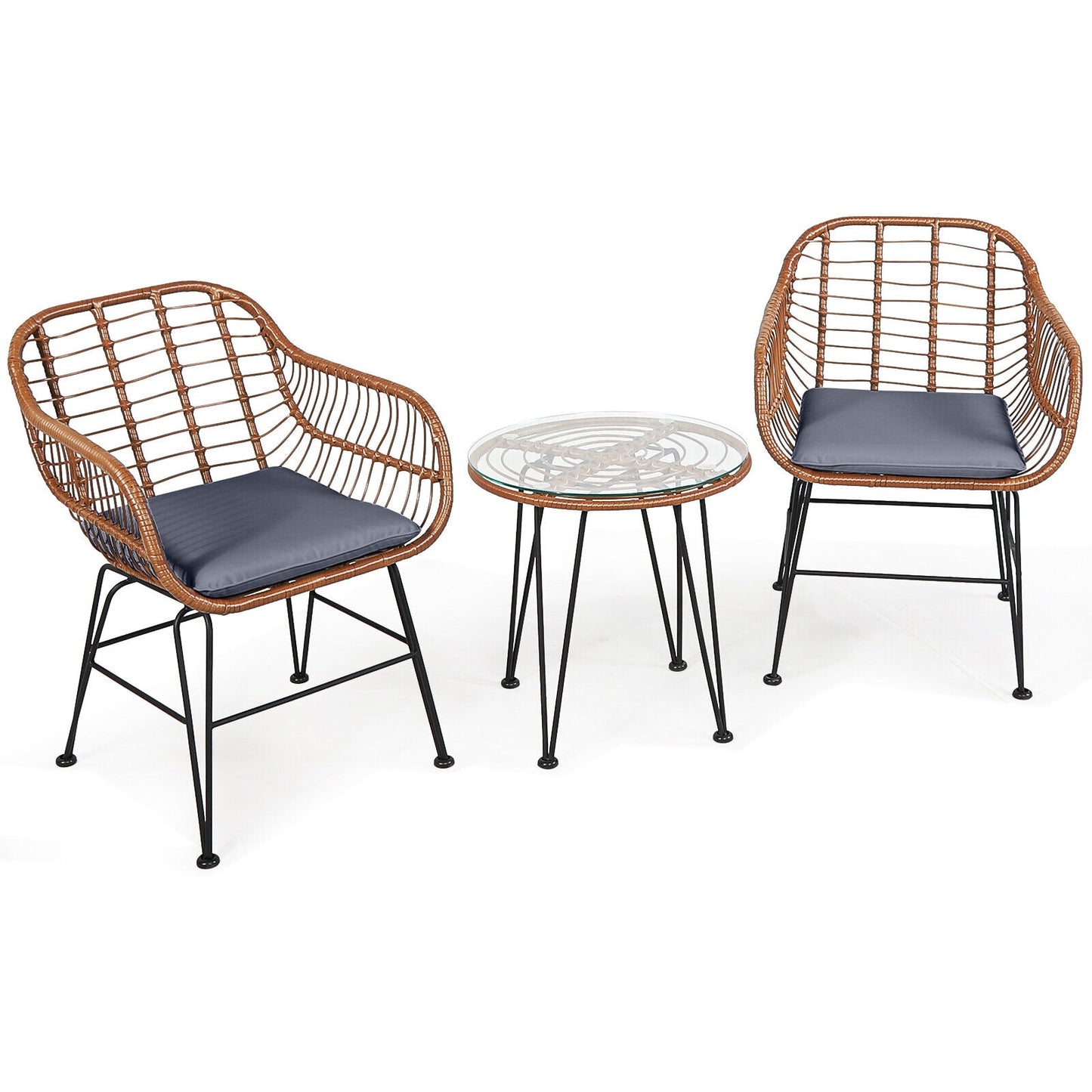 3 Pieces Patio Rattan Bistro Set with Cushion, Gray Patio Conversation Sets at Gallery Canada