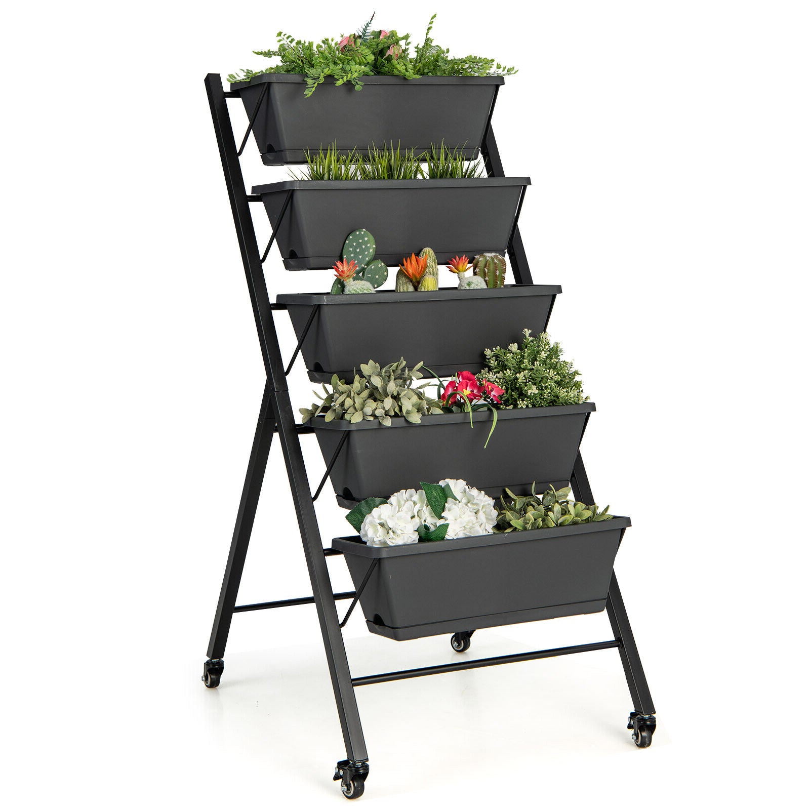 5-Tier Vertical Raised Garden Bed with Wheels and Container Boxes, Black Raised Garden Beds Black at Gallery Canada