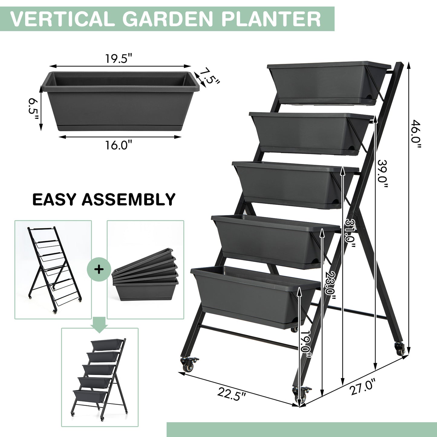 5-Tier Vertical Raised Garden Bed with Wheels and Container Boxes, Black Raised Garden Beds at Gallery Canada