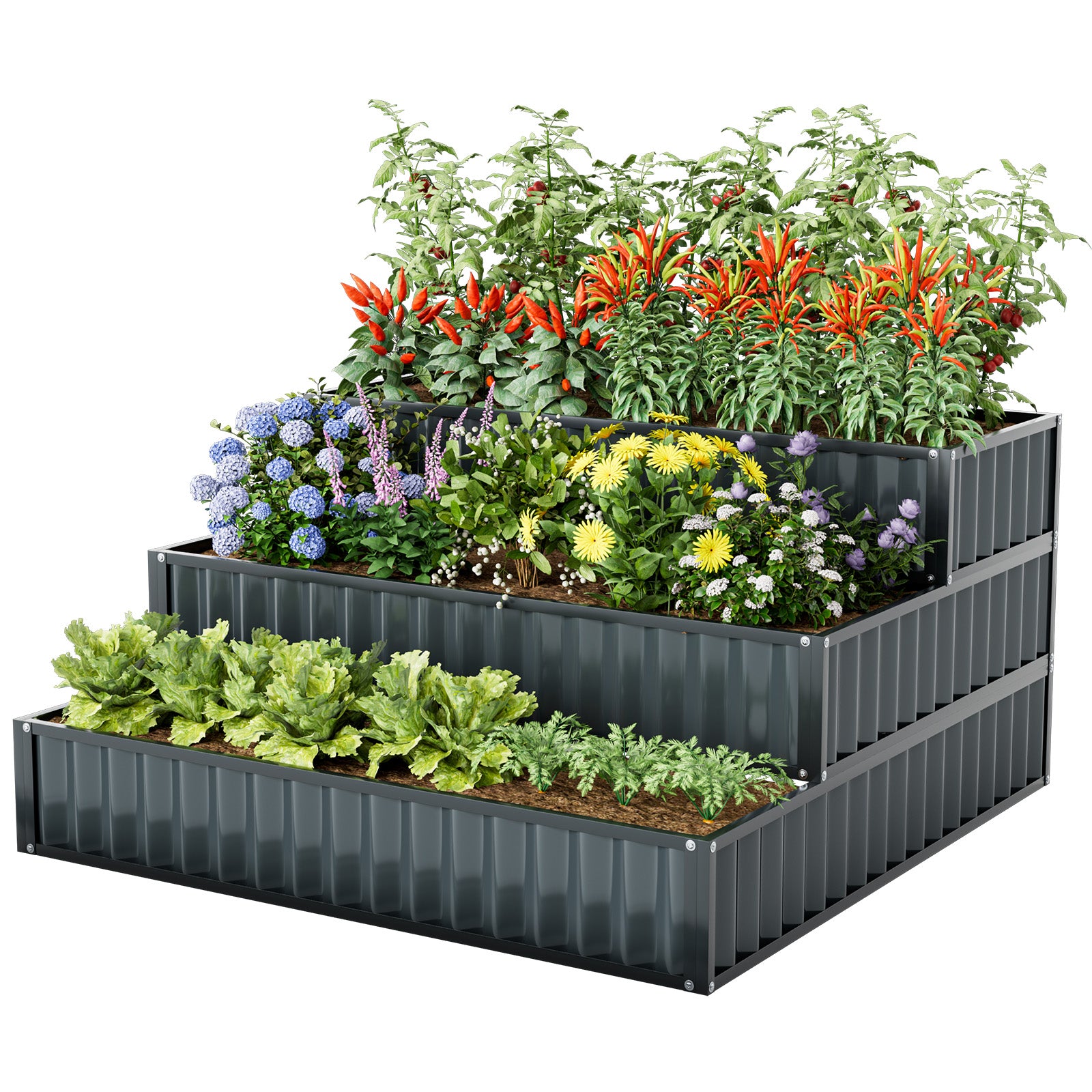 Heavy-Duty Metal Outdoor 3-Tier Raised Garden Bed Planter Box, Black Raised Garden Beds Black at Gallery Canada