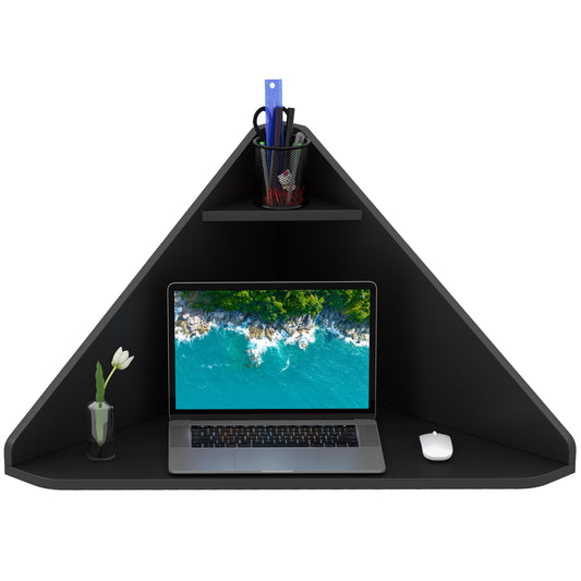 Triangular Corner Computer Desk With Storage Shelf, Black Corner Desks Black at Gallery Canada