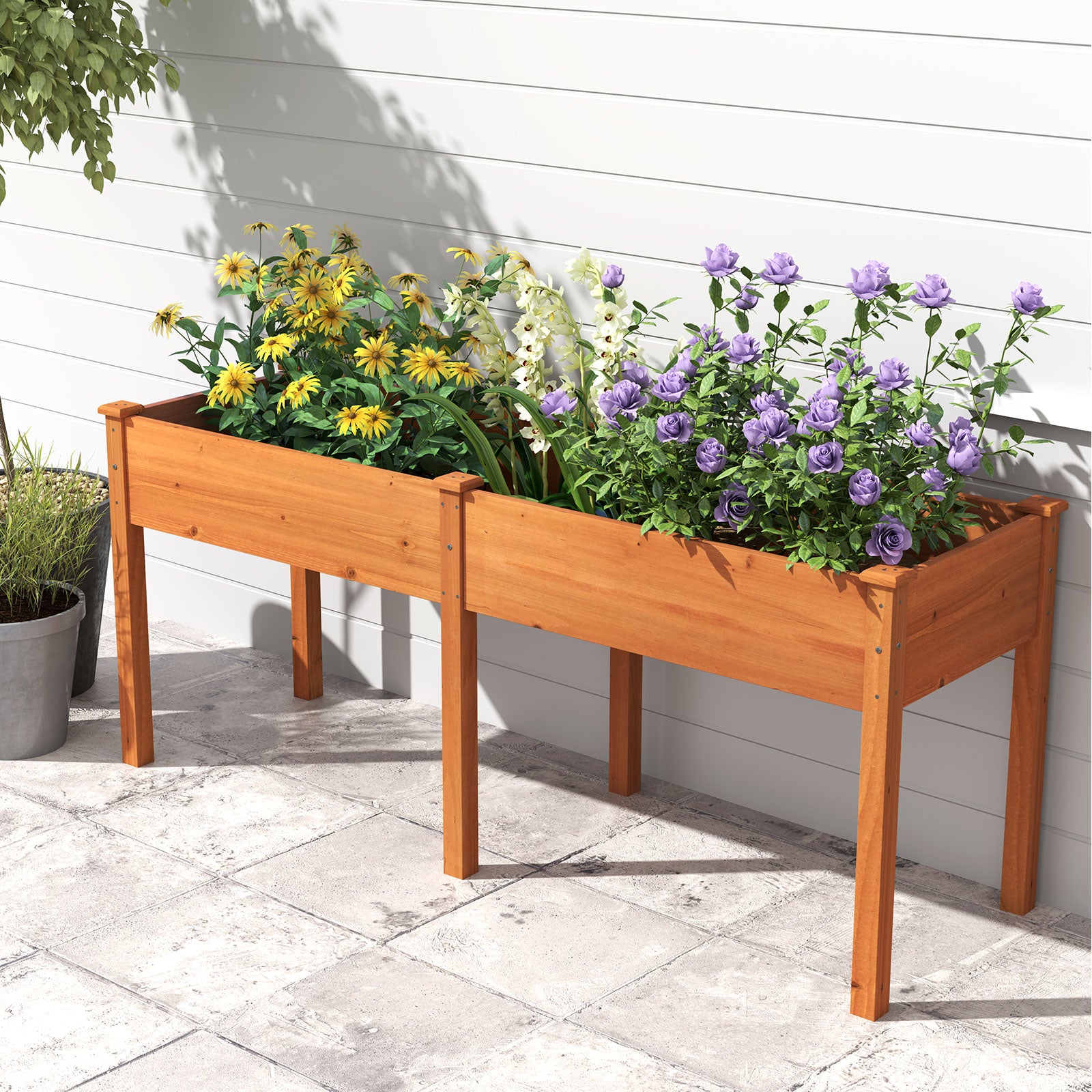 Fir Wood Outdoor Raised Garden Bed with Divider Panel and Drainage Holes, Yellow Raised Garden Beds at Gallery Canada