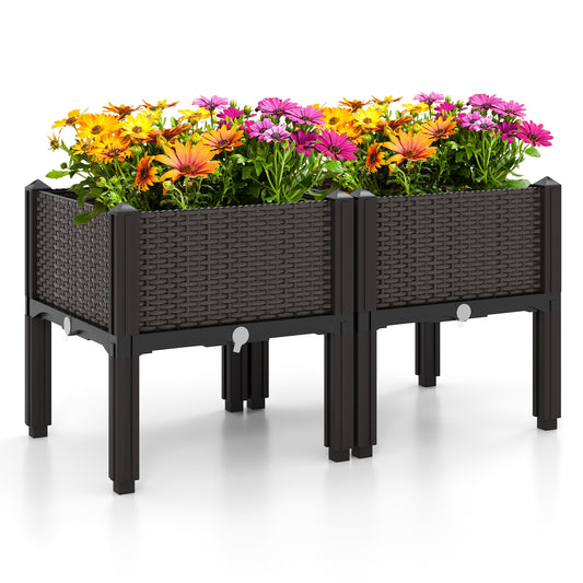 2 Set Elevated Plastic Raised Garden Bed Planter Kit, Brown