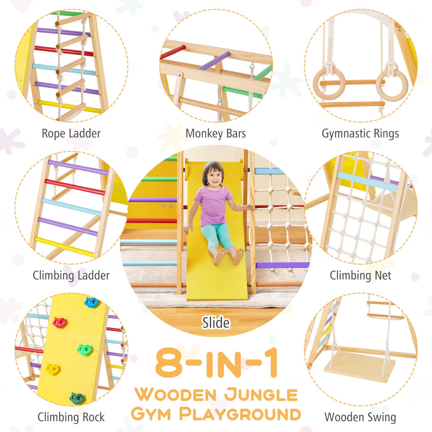 8-in-1 Wooden Jungle Gym Playset with Slide and Monkey Bars, Multicolor Climbers & Slides at Gallery Canada