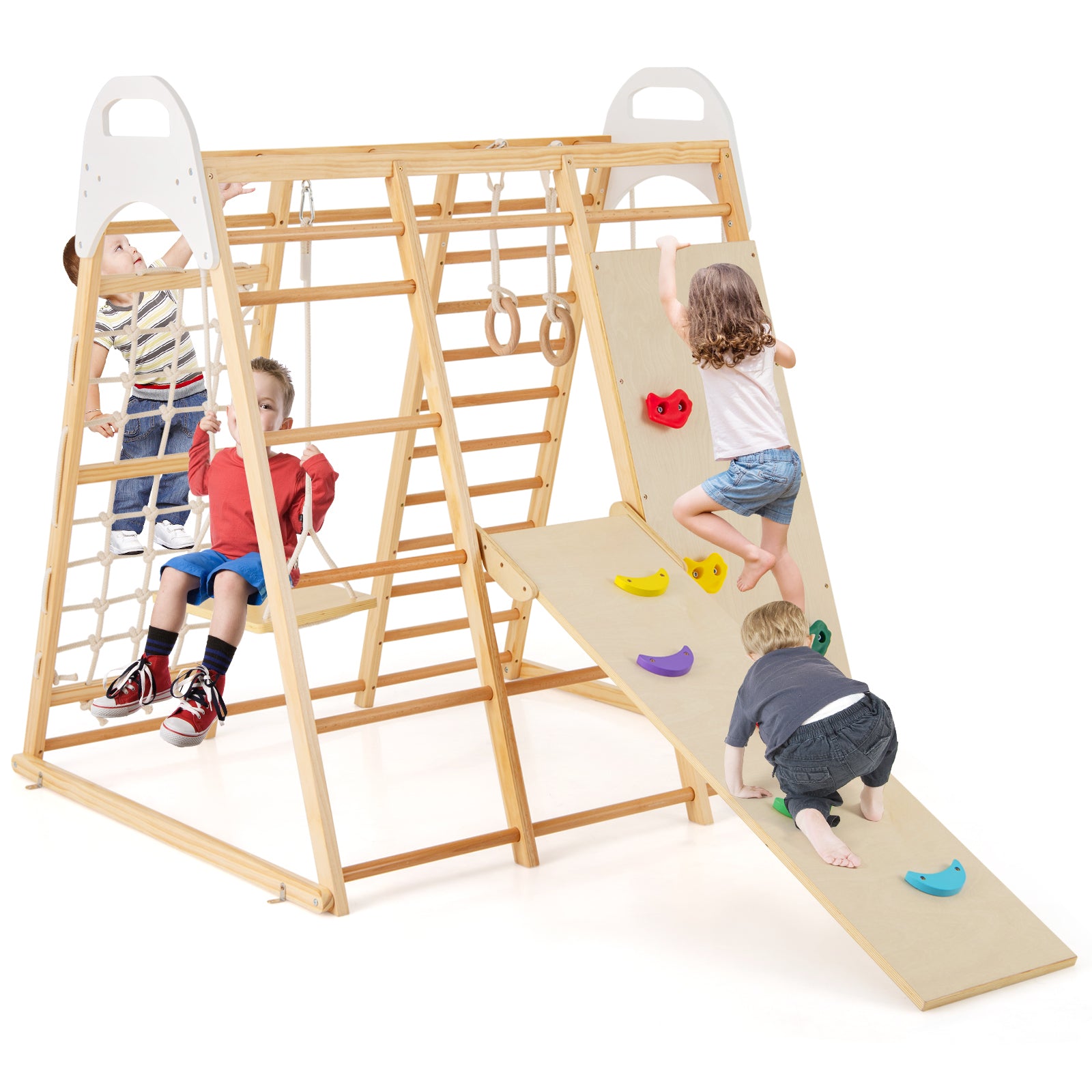 8-in-1 Wooden Jungle Gym Playset with Slide and Monkey Bars, Natural Climbers & Slides Natural at Gallery Canada
