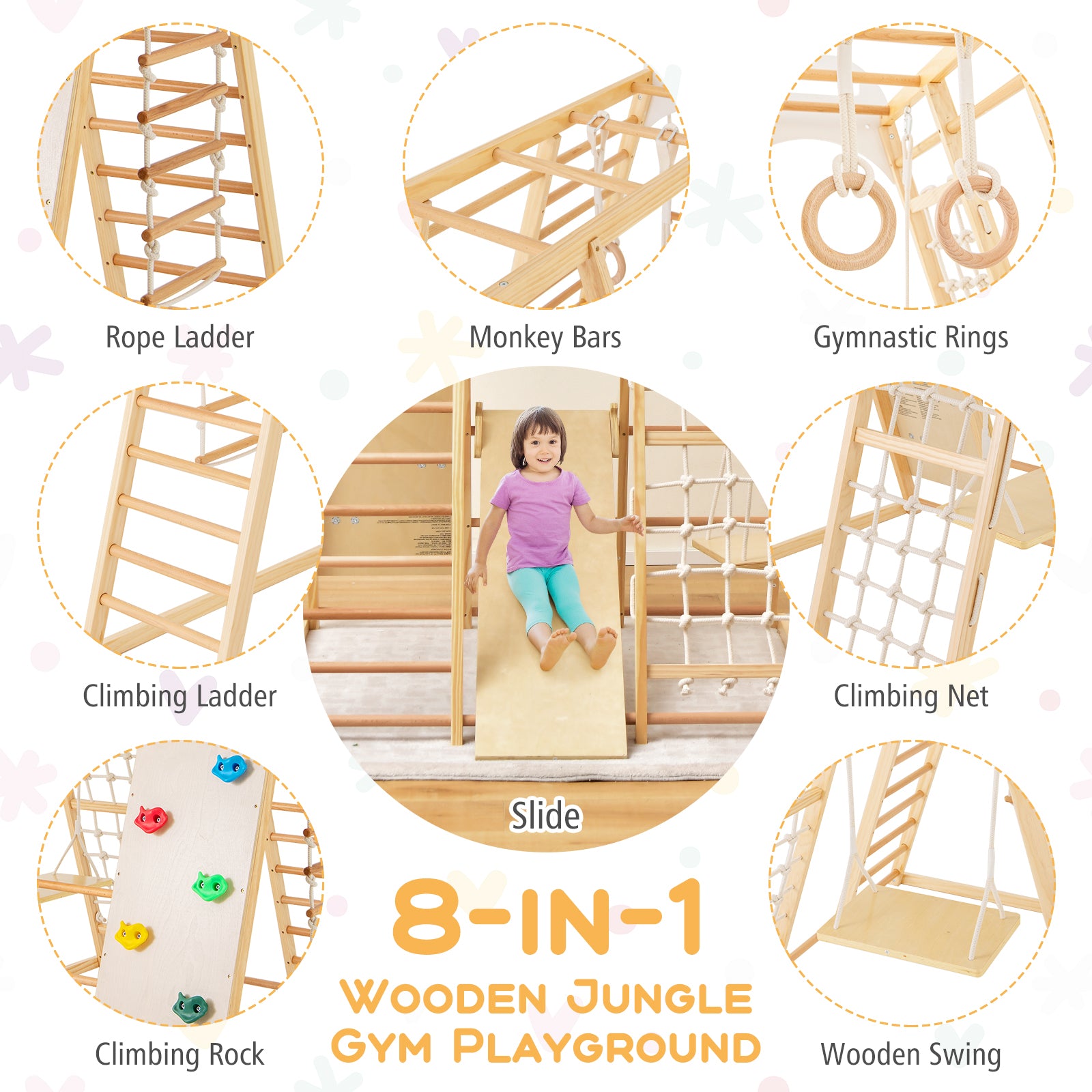 8-in-1 Wooden Jungle Gym Playset with Slide and Monkey Bars, Natural Climbers & Slides at Gallery Canada